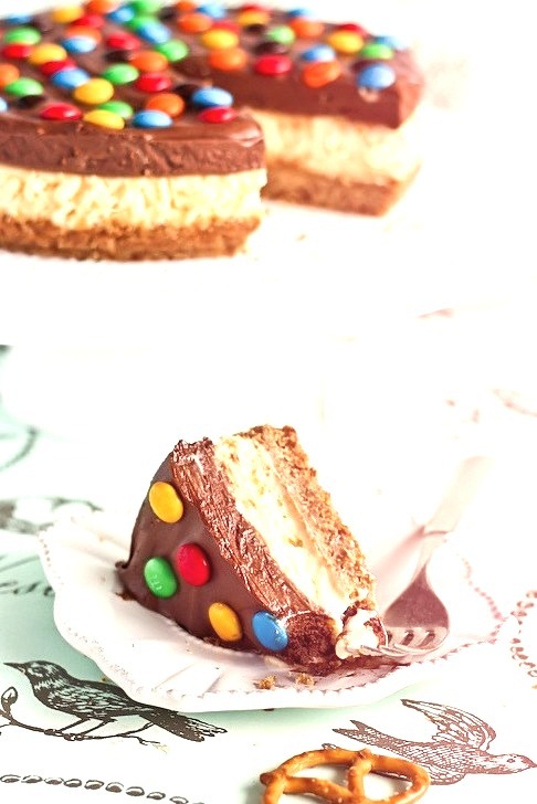 M&M Chocolate Mousse Cheesecake with a Salted Pretzel Crust