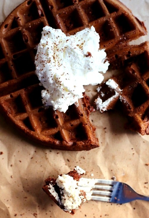 Chocolate Cake Waffles with Whipped Cream