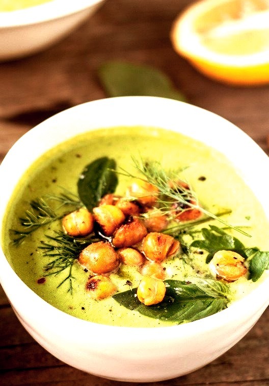 Chilled Cucumber-Tahini & Herb Soup with Cumin-Spiced Roasted ChickpeasRECIPE