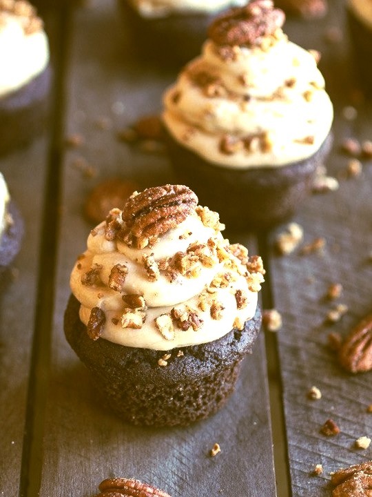 Chocolate Bourbon Pecan Pie Cupcakes with Butter Pecan Frosting
