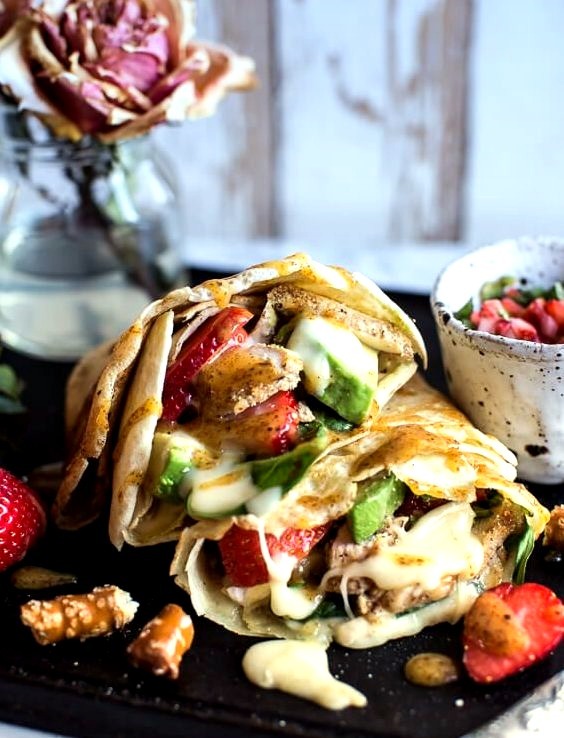 Honey Mustard Pretzel Crusted Chicken and Brie Crepes with Strawberry Basil Salsa